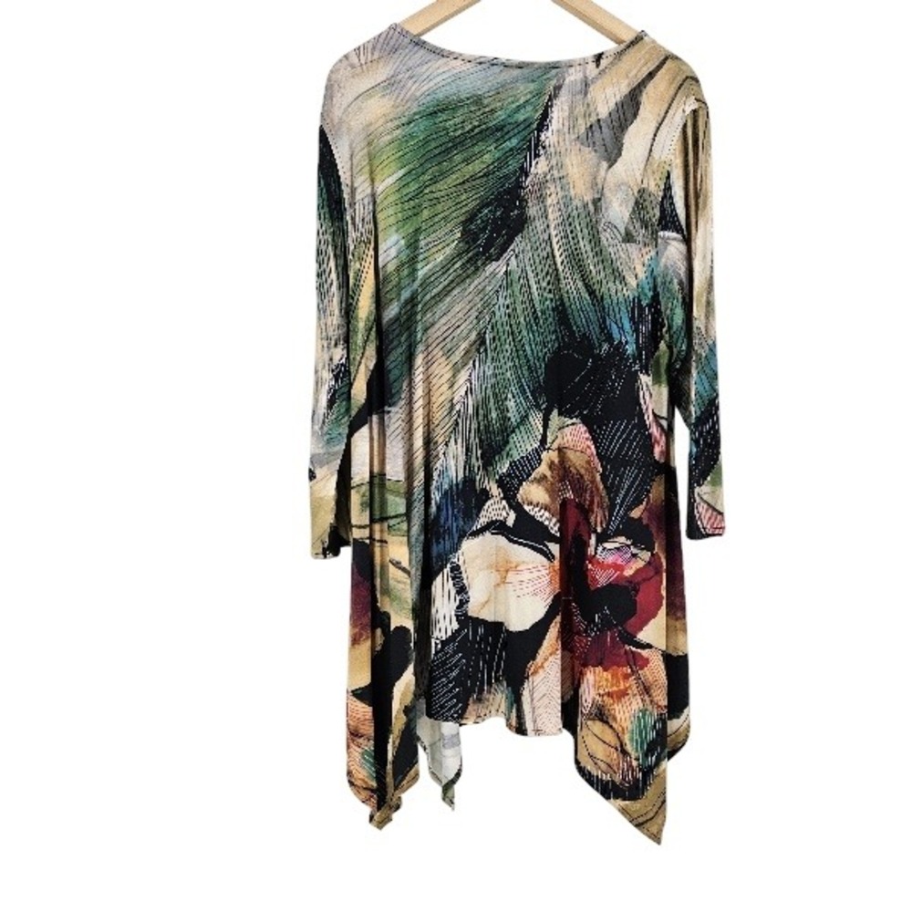 Caroline Rose Blouse Green Floral Print Art to Wear Stretch Tunic Top XL